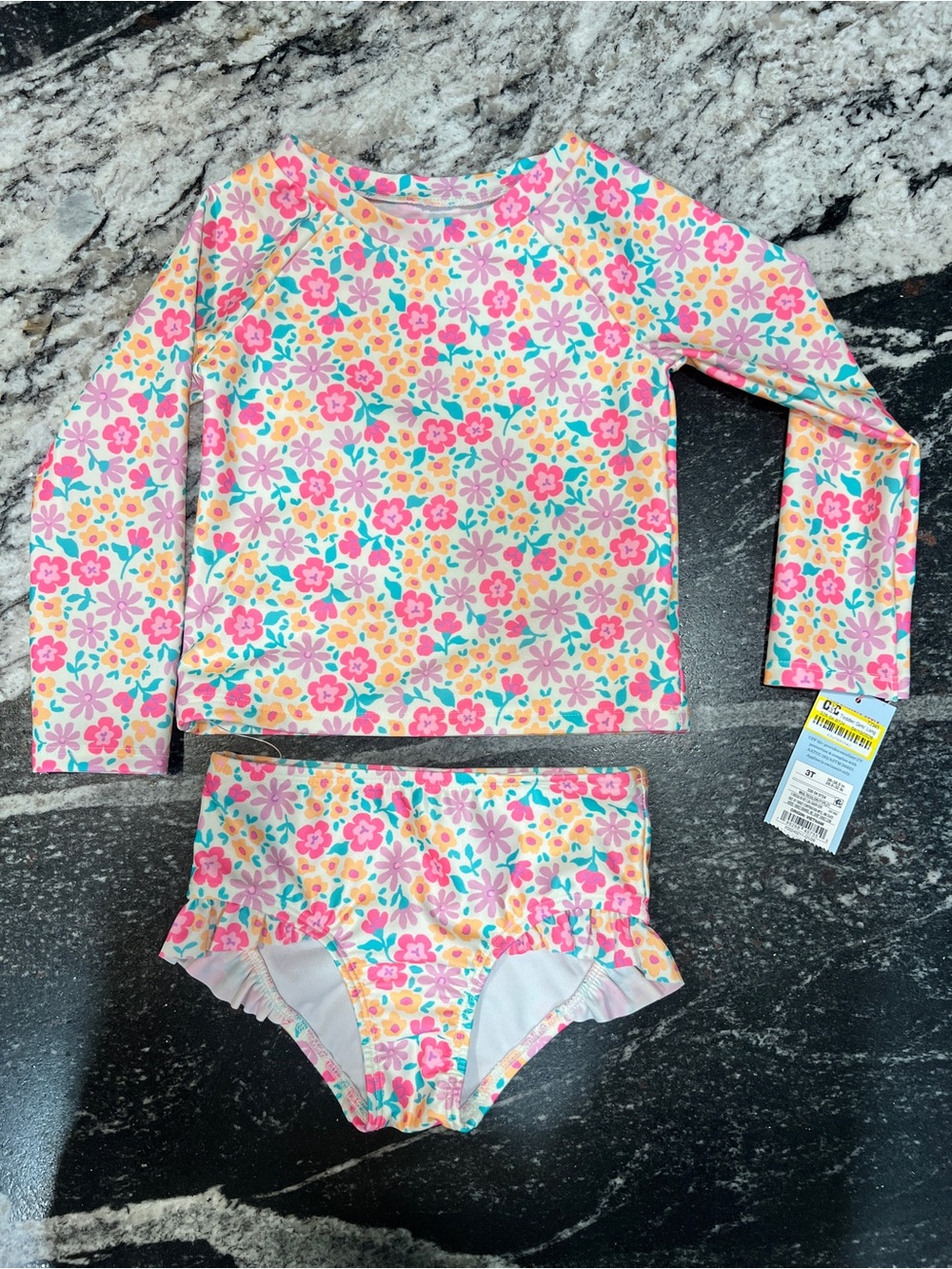 Cat & Jack Pink Floral Long-Sleeve Rashguard Two-Piece Swim Set